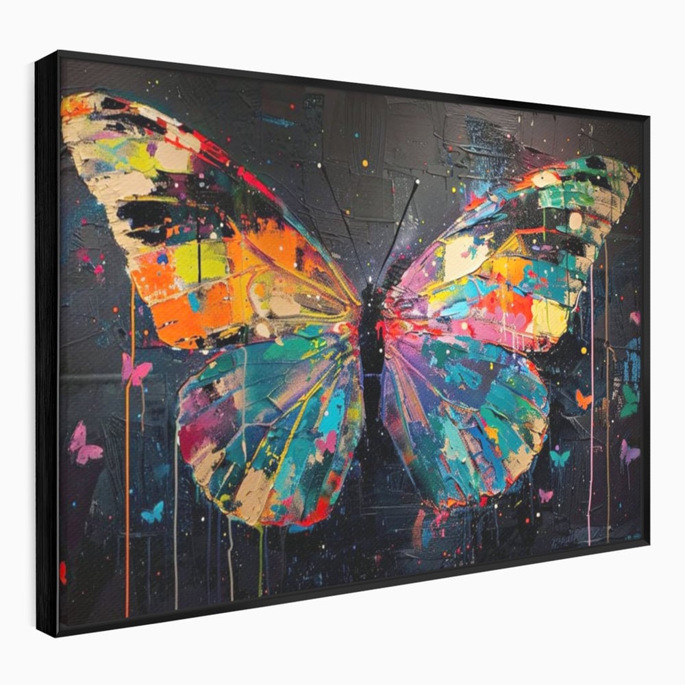 Tablou canvas cu tablou canvas cu fluture multicolor, in rama de aluminiu negru
